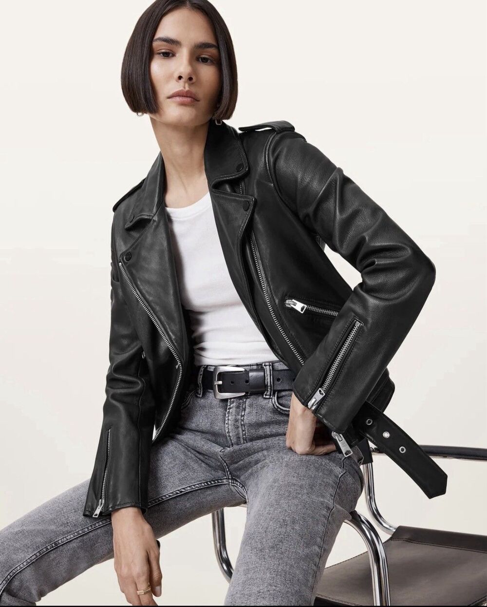 AllSaints Women’s Balfern Biker Black Moto Leather Jacket Zipper Belt UK 6 US 2